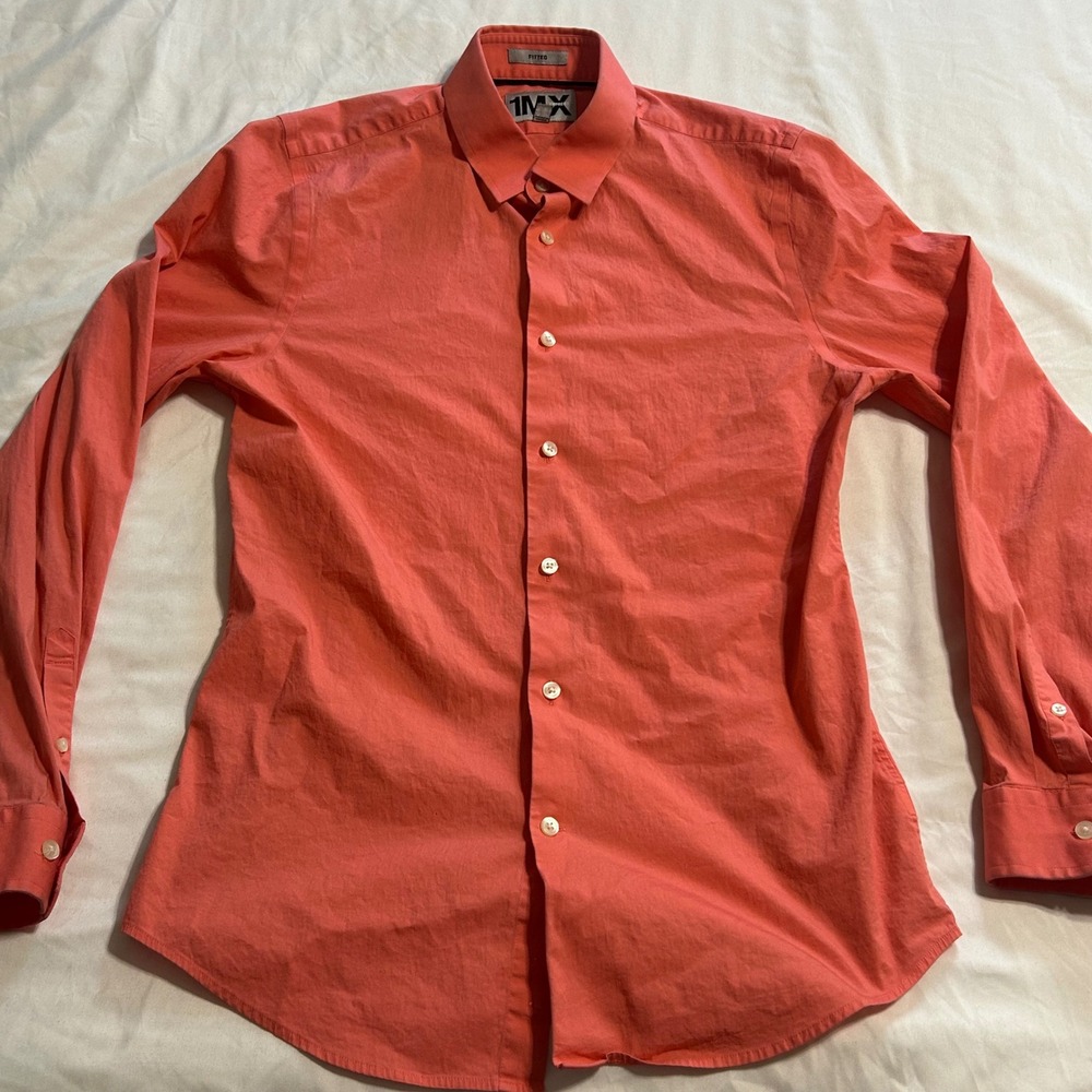 Express 1MX Fitted Shirt Mens Medium 15-15.5 Coral Pink Long Sleeve Button Up
